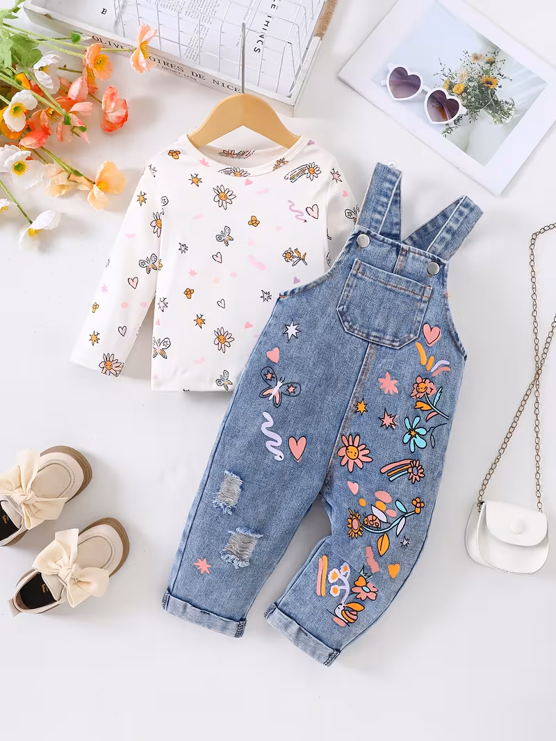 Overol jean con estampado y blusa estampada