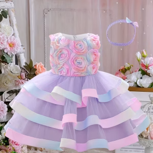 Vestido puff lila sin mangas con flor 3D degradado y capas tul
