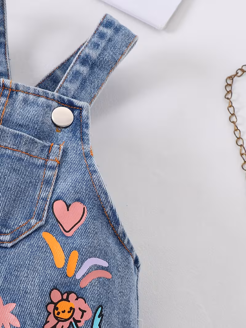 Overol jean con estampado y blusa estampada