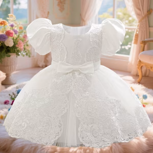 Vestido blanco con estilo de corte adornado con detalles de encaje