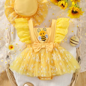 Romper vestido temático floral de abejita con sombrero