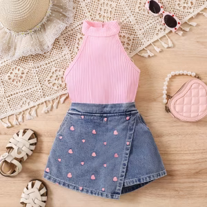Conjunto 2 piezas blusa rosada y falda short con estampado de corazón