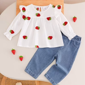 Conjunto 2 piezas blusa fresca con bordado de fresas y pantalón mezclilla