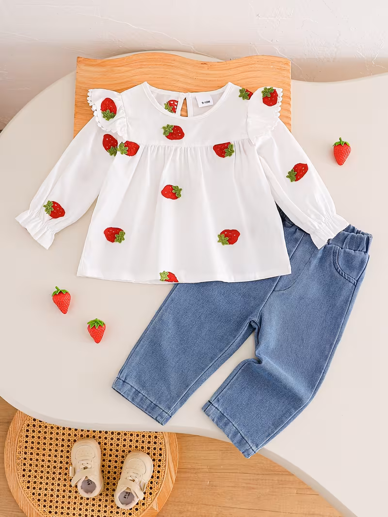 Conjunto 2 piezas blusa fresca con bordado de fresas y pantalón mezclilla