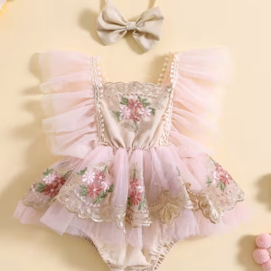 Romper vestido con tul floral bordada y cintillo