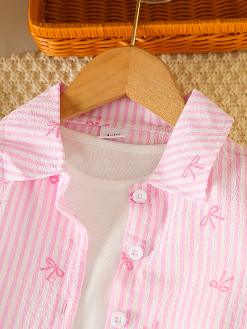 Conjunto 2 piezas camisa rosada con pantalón mezclilla bordado de lazo