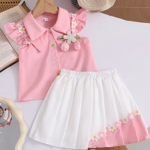 Blusa de verano con apliques florales y falda plisada con short
