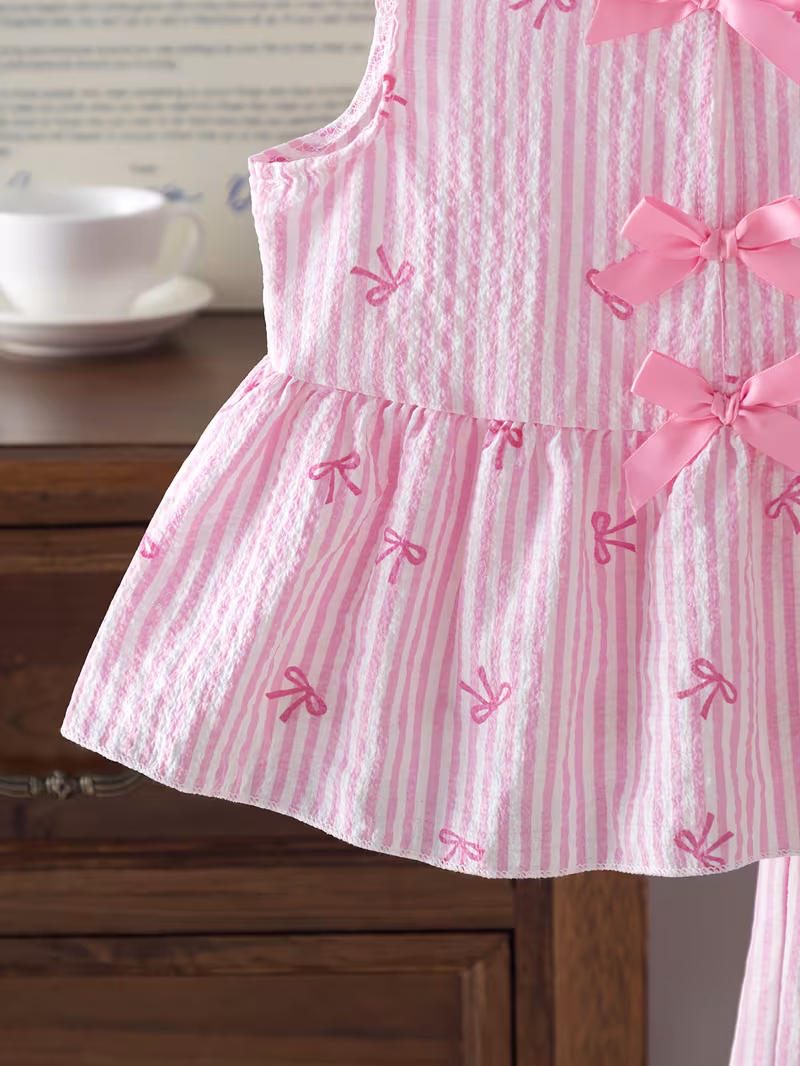 Conjunto rosado 2 piezas blusa y pantalón de lazo a rayas