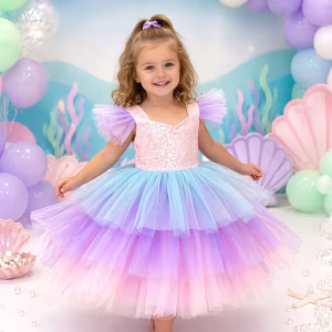 Vestido de malla con lentejuelas y degradado rosa/morado/azul