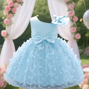 Vestido de fiesta celeste cielo de Mariposa 3D y tul