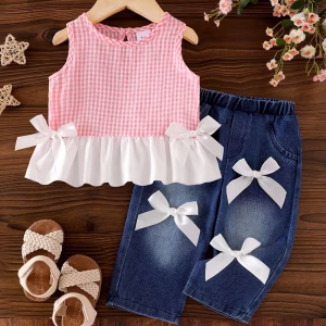 Conjunto blusa rosada a cuadros y pantalón de mezclilla con lazos