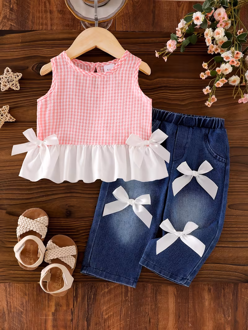 Conjunto blusa rosada a cuadros y pantalón de mezclilla con lazos