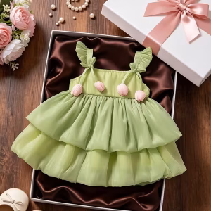 Vestido verde estilo coreano con tirantes finos y tulipanes