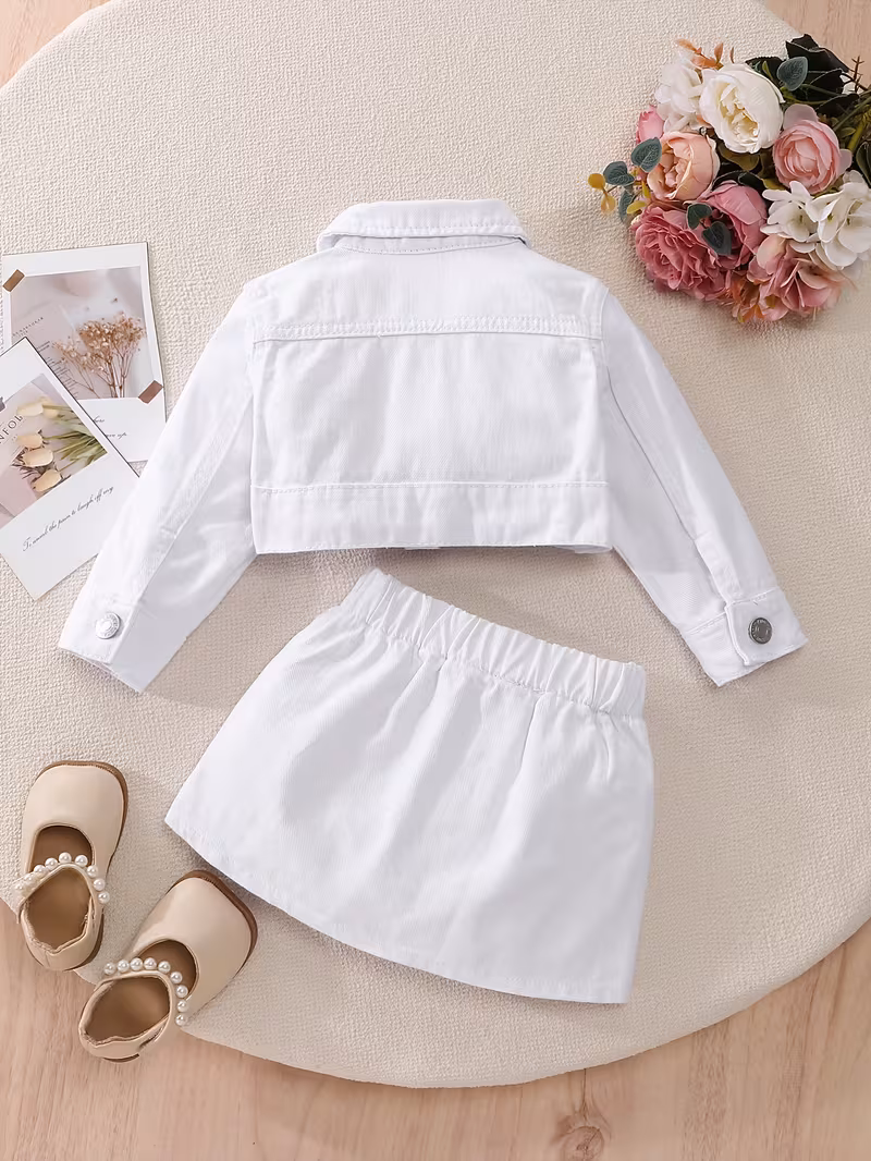 Conjunto de chaqueta con falda de mezclilla blanca