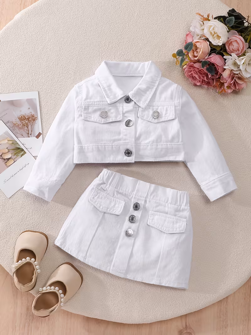 Conjunto de chaqueta con falda de mezclilla blanca