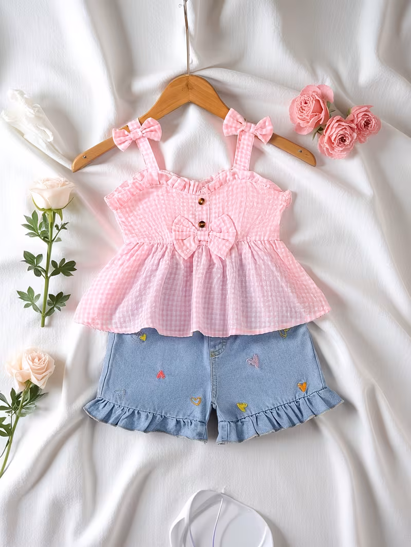 Conjunto 2 piezas blusa rosa y short bordado