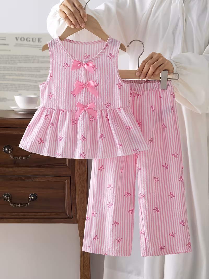 Conjunto rosado 2 piezas blusa y pantalón de lazo a rayas