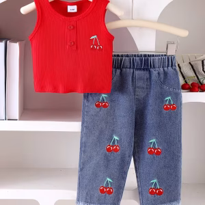 Conjunto camiseta y pantalón bordado con cerezas