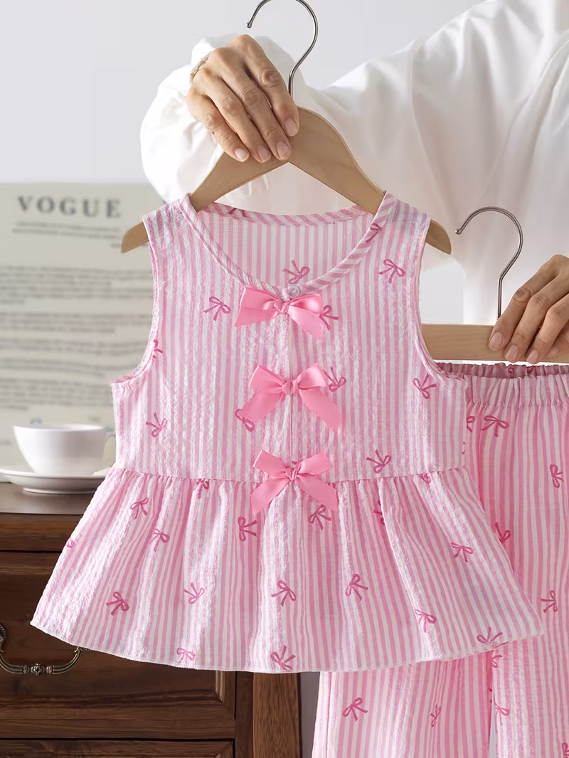 Conjunto rosado 2 piezas blusa y pantalón de lazo a rayas