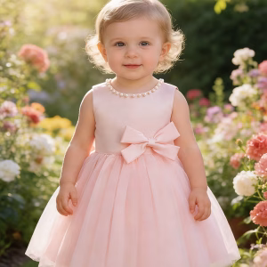 Vestido rosa melón con tul lazo posterior y perlas