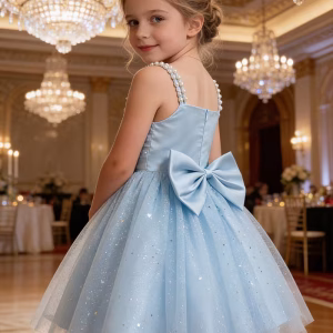 Vestido celeste claro de malla con tirantes de espagueti