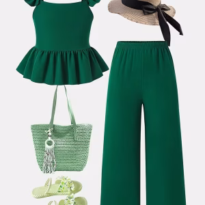 Conjunto verde oscuro blusa manga campana y pantalón ancho