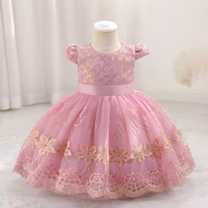 Vestido fiesta rosado bordado floral y lentejuelas
