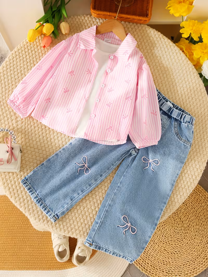 Conjunto 2 piezas camisa rosada con pantalón mezclilla bordado de lazo