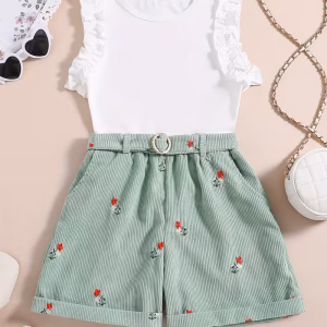 Conjunto de camiseta con volantes y shorts de tela tipo pana