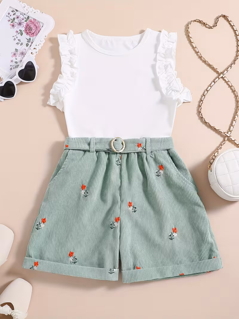 Conjunto de camiseta con volantes y shorts de tela tipo pana
