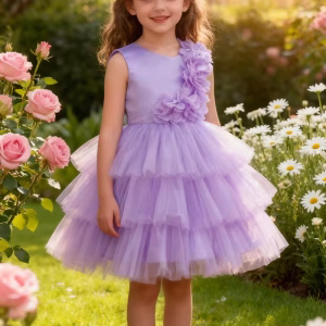 Vestido lila en capas de tul con flores 3D