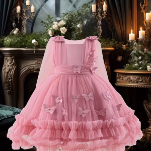 Vestido de fiesta rosa vieja con mariposa 3D y tul