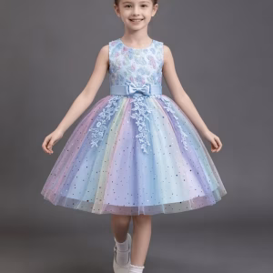 Vestido celeste arcoíris y tul con apliques brillantes