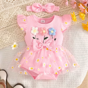 Romper con malla estampado de margaritas y cintillo