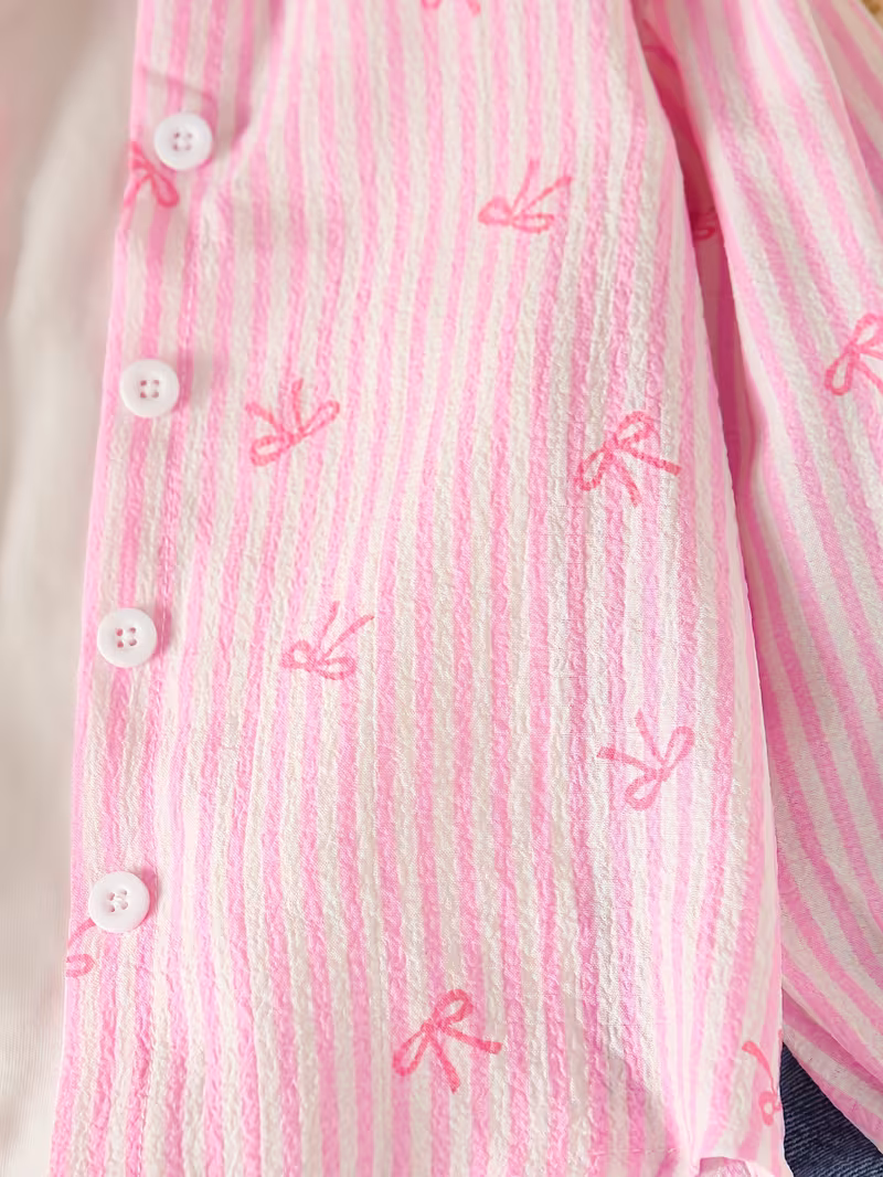 Conjunto 2 piezas camisa rosada con pantalón mezclilla bordado de lazo