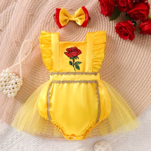 Romper amarillo temático bella y bestia con cintillo