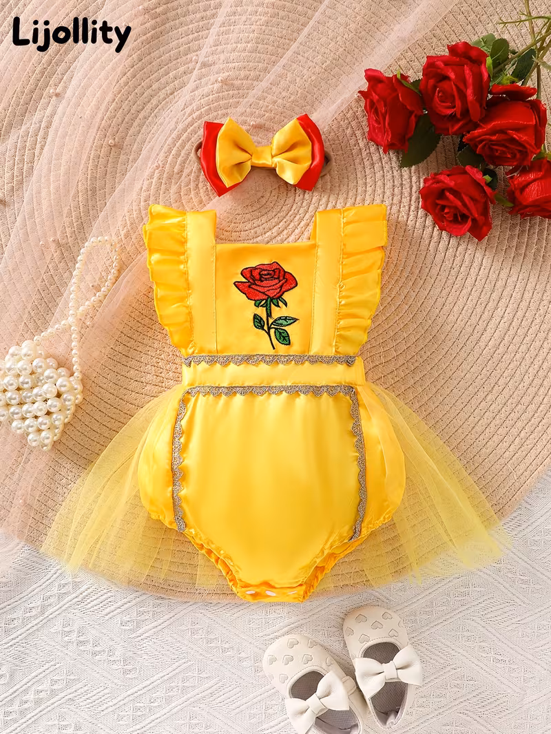 Romper amarillo temático bella y bestia con cintillo