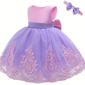 Vestido de encaje bordado rosado con lila y cintillo