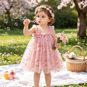 Vestido rosado de malla con bordado floral 3D romántico