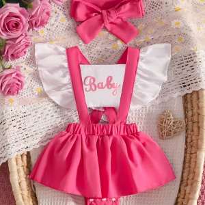 Romper vestido rosado encendido con estampado Baby