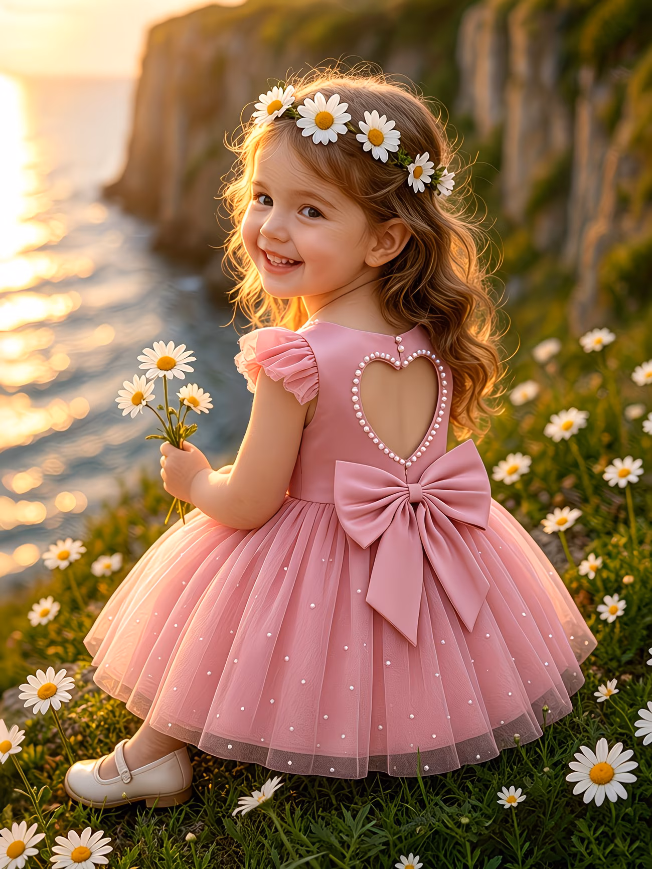 Vestido midi rosado con lazo posterior y forma corazón en la espalda