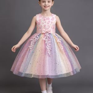 Vestido rosado arcoíris y tul con apliques brillantes