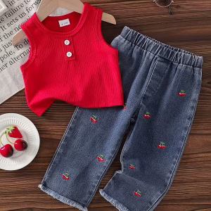 Conjunto blusa roja y pantalón de mezclilla con bordado de cerezas