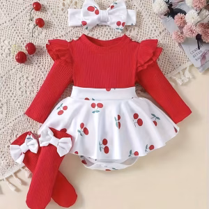 Romper vestido rojo con estampado de cerezas con medias y cintillo