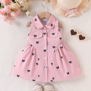 Vestido camisero rosado con estampado de lazos