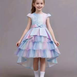 Vestido de princesa arcoiris de satín con tul en capas