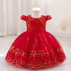 Vestido fiesta rojo bordado floral y lentejuelas
