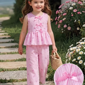 Conjunto rosado 2 piezas blusa y pantalón de lazo a rayas