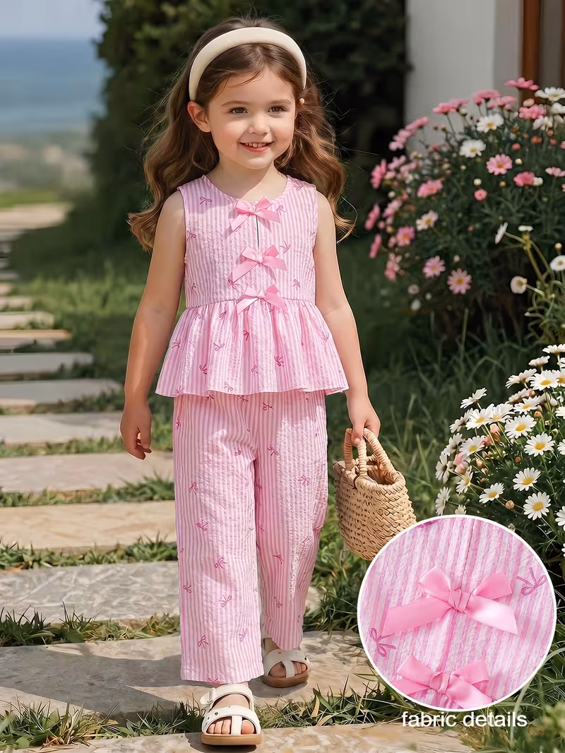 Conjunto rosado 2 piezas blusa y pantalón de lazo a rayas