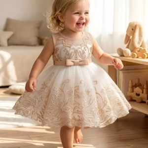 Vestido blanco de tul con bordado dorado y lentejuelas